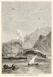 Ne laitettiin Steamer Pointiin Jules Vernen (1828-1905) teoksesta Around the World in Eighty Days, kaivertanut Louis Dumont (s.1822)