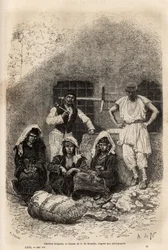 Bulgarialaiset työntekijät lähellä Sofiaa, kaiverrus A. De Neuvillen piirustuksen jälkeen, joka havainnollistaa matkaa Bulgariaan, Guillaume Lejean, vuonna 1867, julkaistu "" Le tour du monde"" 1873, toimittanut Edouard Charton, Hachette painos, Pariisi . 