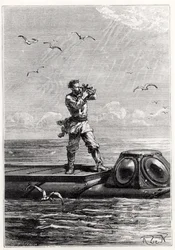 Kapteeni Nemo Nautiluksen päällä, Jules Vernen (1828-1905) teoksesta "20 000 liigaa meren alla", kaivertanut Henri Theophile Hildibrand (1824-97)