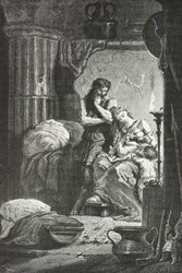 Eponine de Langres imettää Julius Sabinuksen lasta luolassa (kaiverrus).