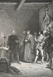 Jean de La Barre ilmoittaa Louis de Berquinille vapautumisestaan conciergeriesta (kaiverrus).