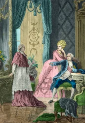 Marie Antoinette ja Ludvig 16 kuulustelevat kardinaali de Rohania kaulakoruasiasta.