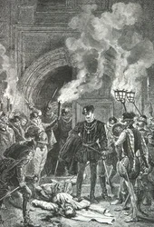 Saint Barthelemyn verilöyly, Duc de Guise työntää jalallaan Gaspard de Colignyn ruumista (kaiverrus) (kaiverrus)