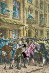 Rue Quincampoix, jossa keinottelijat tapaavat, noin 1720 (kaiverrus).
