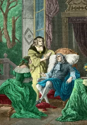 Duc de La Rochefoucauld keskustelemassa Madame de Sevignen ja Madame de La Fayetten kanssa (kaiverrus).