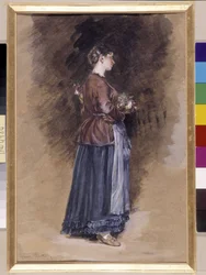 Maalaistalo kukkakoriineen Alphonse Moutten (1840-1913) maalaus, halkaisija cm 27x18 Pakollinen maininta: Kokoelman perusterveiset Provence, Marseille