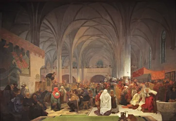 Mestari Jan Hus saarnaa Betlehemin kappelissa Sykli Slaavien eepos