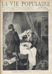 Kaksi miestä kumartuu sängyn yli nähdäkseen miehen kuoleman. Ovella muut miehet katsovat kohtausta. Kuvitus: Alfons Maria Mucha (Alphonse Marie Mucha