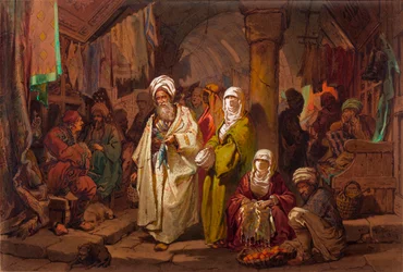 Le grand bazar (souk, marche oriental) - Suuri basaari - Amedeo Preziosi (1816-1882) Akvarelli paperille (45,5x67cm) - Pera-museo, Istanbul
