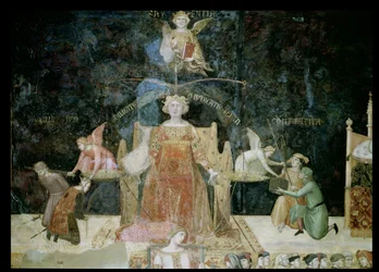 Hyvän hallinnon allegoria, yksityiskohta Viisauden innoittamasta Oikeudenmukaisuudesta, 1338-40