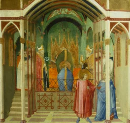 Pyhän Nikolauksen vihkiminen Miran piispaksi, yksityiskohta Pyhän Nikolauksen Barilaisen ihmeistä, Ambrogio Lorenzetti (1290-n. 1348), tempera puulla