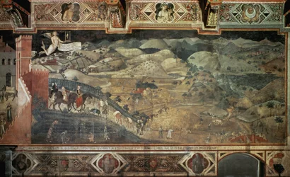 Maaseutu (yksityiskohta Hyvän hallinnon vaikutukset kaupungeissa ja maaseudulla) - Ambrogio Lorenzettin fresko (1285-1348?), 390x810 cm