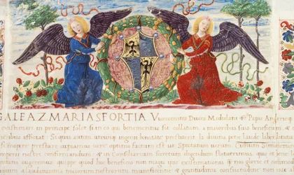 Enkelit pitelevät Sforzan vaakunaa kuvaavaa kilpiä, Ambrogio Bergognonen pienoismalli käsikirjoituksesta, Italia 1477.