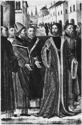 St. Ambrose kieltää Rooman keisarin Theodosius I Suuren pääsyn Milanon kirkkoon (fresko) (m/v kuva)