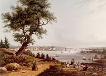 Näkymä New Yorkin kaupungista 1840. Louis Ambroise Garneray (1783-1857) litografia. Pariisi. B.N.