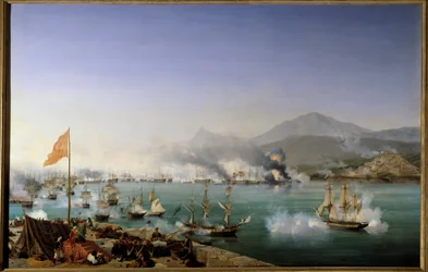 Kreikan itsenäisyyssota: "" Näkymä Navarinin meritaistelusta 20.10.1827"" Se tapahtui Navarinin lahdella (Pylos, Länsi-Peloponnesos) ottomaanien laivaston ja ranskalais-anglo-venäläisen laivaston välillä. Ambroise Louis Garneray (1783-1857) maalaus 1831 su