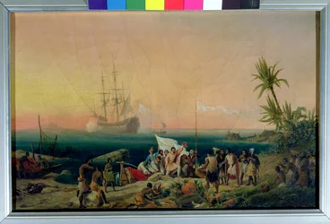 Jean de Béthencourt (noin 1360-1425), normannilainen merenkulkija, löytämässä Lanzaroten saarta vuonna 1402, 1848