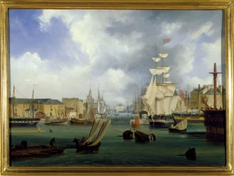Le Havren satama, Grand Bassin, Louis Garneray, sd. noin 1820, Öljy kankaalle, H. 0,330; L. 0,460. CCIP Coll.