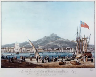Näkymä Marseillen satamasta Ambroise Louis Garneray (1783-1857) restaurointiakvarellin alla. 1800-luvun Marseille, Musee de la Marine