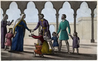 Batilde (tai Bathilde, Clovis II:n vaimo) kumoaa kalliin kunnianosoituksen, jonka gallialaiset maksoivat päätä kohden, niin pienet kuin suuretkin. - Chelles Abbey. Ambroise Tardieun suunnittelema ja kaiverrettu vuonna 1825.