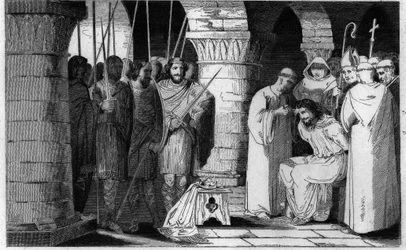 Childeric III (714-751) syrjäytetään valtaistuimelta ja rajoittuu luostariin - Childeric III tuhosi ja suljettiin Pepin le Britin luostarissa Saint Omerissa vuosina 742-749 - Kaiverrus vuodelta 1825 kirjassa "Histoire de France, jota edustavat synoptiset m