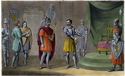 Rainfroi asetti Chilperic II:n (670 - 721) valtaistuimelle vuonna 715. Ambroise Tardieu on suunnitellut ja kaivertanut vuonna 1825.