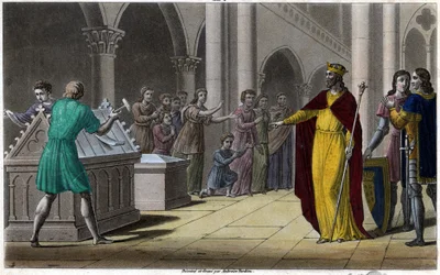 Grimoald, Pépin vanhemman poika, Austrasian palatsin pormestari (642) Sigebert III:n alaisuudessa. Ambroise Tardieun suunnittelema ja kaiverrettu vuonna 1825.