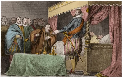 Henrik III (1551-1589), Ranskan kuningas, tunnustaa kuolinvuoteessaan Henrik Navarralaisen (Henry IV) lailliseksi seuraajakseen - Saint-Cloud, 2. elokuuta