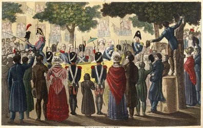 Condén armeija julisti Ludvig XVIII:n (1755-1824) kuninkaaksi muutaman Pariisille uskollisen alamaisen joukossa vuonna 1814 (Restaurointi) – Ambroise Tardieu suunnitteli ja kaivertanut vuonna 1825.