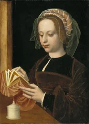 Marie Madeleine lisant - Mary Magdalene Reading, kirjoittanut Benson, Ambrosius (1495-1550). Öljy puulle. Mitat: 49 x 35 cm. Tukholman kansallismuseo