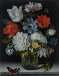 Dutch: Flowers in a Glass Flask on a Marble Ledge, Flanked by a Red Admiral Butterfly and a Lizard A Still Life of Flowers in a Glass Flask on a Marble Ledge, Flanked by a Red Admiral Butterfly and a Lizard