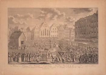 Frans II:n kruunajaiskulkue Frankfurtin tuomiokirkolta Römerbergille heinäkuussa 1792