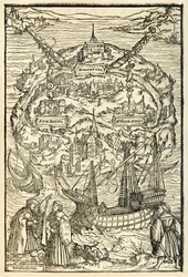 Uuden Utopian saaren kartta Sir Thomas Moren (1478-1535) teoksen "Utopia" vuoden 1518 painoksesta, julkaistu ensimmäisen kerran vuonna 1516. Ambrosius Holbeinin (n. 1494-n. 1519) puupiirros, joka esittää saaren ja päähenkilön