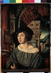 ""Nuoren miehen muotokuva"" Korkea-arvoinen hahmo, renessanssityylisessä sisustuksessa. Ambrosius Holbeinin maalaus (1494-noin 1520) 1518 Mitat 44x32,5 cm Eremitaaši, Pietari