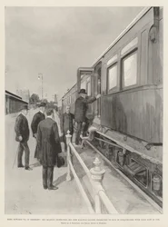 Kuningas Edward VII Saksassa, Hänen Majesteettinsa tarkastamassa hänen uutta rautatieautoaan, ennustetaan kulkevan yhdessä nyt käytössä olevan rautatieauton kanssa