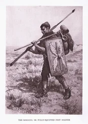 Impeditus eli täysin varusteltu jalkasotilas, kuvitus teoksesta The Roman Soldier, 1928