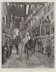 Saksan keisarin vierailu Syyriassa, keisari ja keisarinna kulkevat Damaskoksen uuden suuren basaarin läpi