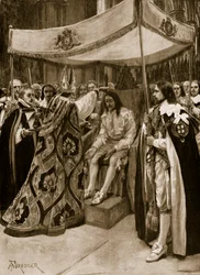 Charles I:n voitelu Canterburyn arkkipiispa George Abbotin toimesta Westminster Abbeyssa kynttilänpäivänä vuonna 1626 The Illustrated London Newsista, 1902