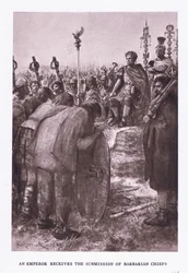 Keisari vastaanottaa barbaaripäälliköiden alistuman, kuvan roomalaisesta sotilasta, 1928