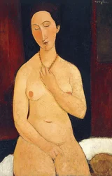 Istuva alaston kaulakoru kaulassaan, 1917