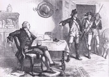 William Franklinin pidätys, kuvitus Cassells History of the United Statessta, julkaisija Cassell, Petter & Galpin, n. 1900 (litho)