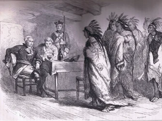 Pontiacin ja intiaanien vierailu majuri Gladwinin luona 1763, kuvitus Cassells History of the United Statessta, julkaisija Cassell, Petter & Galpin, n. 1900 (litho)