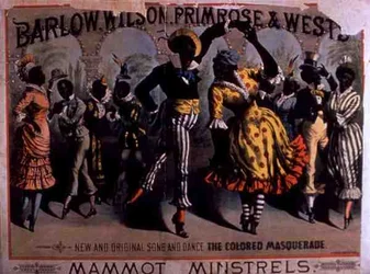 Mainos kappaleelle "The Colored Masquerade", Mammot Minstrelsin laulu ja tanssi, esittäjät Barlow, Wilson, Primrose ja West (värilitho)