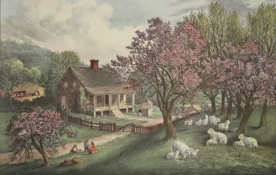 American Homestead - kevät, pubi. 1869, Currier & Ives
