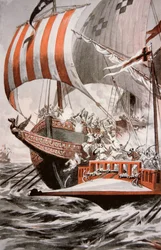 Arouji, Barbarossan veli, hyökkää paavi Julius II:n aarrekeittiöihin vuonna 1504 (väri litho)