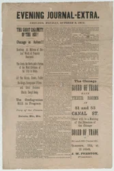 Artikkeli Chicago Evening Journal-Extrasta koskien Chicagon tulipaloa 1871, 9. lokakuuta 1871 (sanomalehtipaperi)