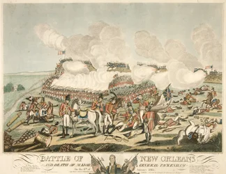New Orleansin taistelu ja kenraalimajuri Packenhamin kuolema 8. tammikuuta 1815, pub. 1815 (värinen kaiverrus)