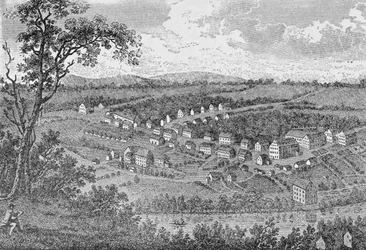 Bethlehem, Moravian asutuspaikka Pennsylvaniassa, Ralph Henry Gabrielin teoksesta The Pageant of America, Vol.3, 1926