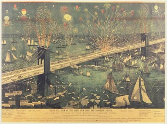 Lintuperspektiivikuva Great New Yorkista ja Brooklyn Bridgestä sekä suuri ilotulitus avajaisiltana vuonna 1883