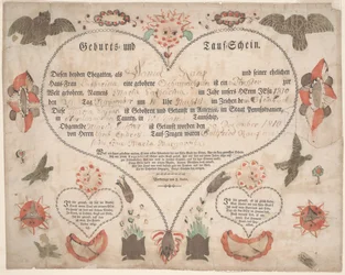 Maria Catharina Raupin syntymä- ja kastetodistus (Geburts und Taufschein) n. 1806 (kynä ja muste vesivärillä paperille)